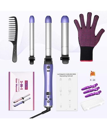 Beach Wave Rotating Hair Curling Iron with 3 Interchangeable Barrels - LCD Display, Fast Heat-up, Ceramic Coating - Purple - Buy Online on GoSupps.com