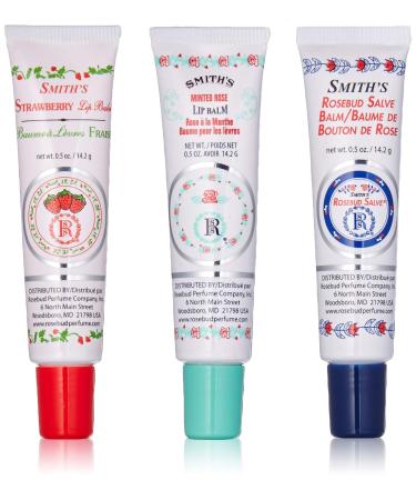 Rosebud Perfume Co. Tube 3 Pack: Smith's Rosebud Salve + Smith's Strawberry Lip Balm + Smith's Minted Rose Lip Balm