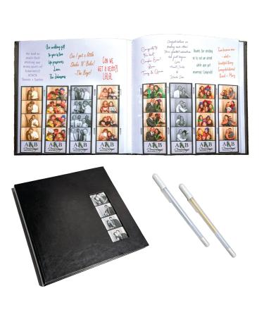 Photo Booth Nook Scrapbook Album & Gel Pens - Scrapbooking Journal with Black Leather Cover - 40 White Pages 2x6 Cover Picture Slot & Photo Strip Inserts - Wedding Graduation Photos (1 Count) 1 B&W