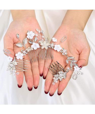 Flayem Wedding Bridal Comb Crystal Wick Bridal Helmet Flower Hair Accessories for Women and Girls (3 Pack)