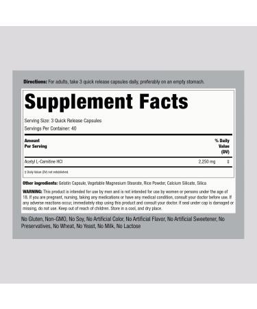Piping Rock Acetyl L-Carnitine 2250 mg | 120 Capsules | Non-GMO Gluten Free Therapeutic HCL Supplement - Buy Internationally - Buy Online on GoSupps.com