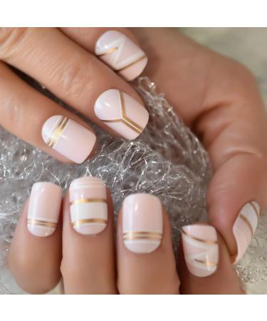 Nude Gold Line Medium Square Glossy False Nails - 24pcs | International Shipping Available - Buy Online on GoSupps.com