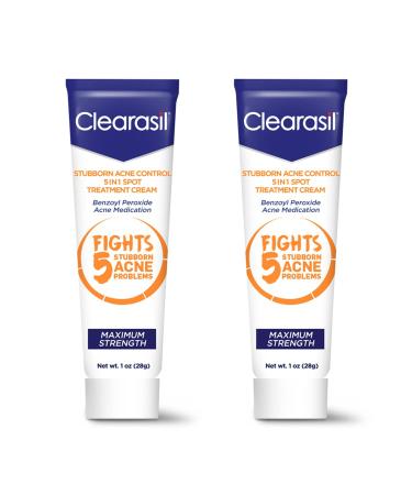 Clearasil Stubborn Acne Control 5 in 1 Spot Treatment Cream Maximum Strength Benzoyl Peroxide Acne Medication 1 oz - Fights Blocked Pores Pimple Size Excess Oil Acne Marks & Blackhe (Pack of 2)