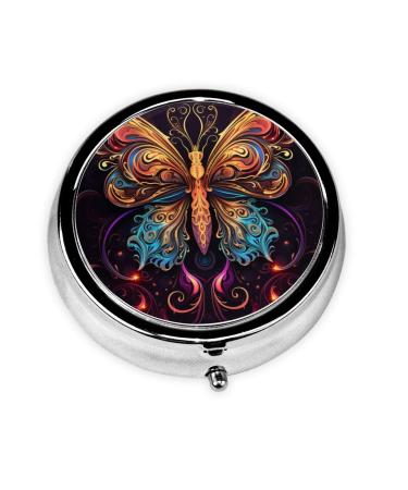Colorful Butterflies Portable Metal Pill Box Round Mini 3-Compartment Plastic Insert hinged Fastening Design Suitable for Small Pills Must-Have for Travel