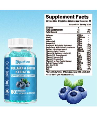 Riyuetian - Biotin Gummies 15000mcg with Collagen for Adults Women & Men - Hair Skin & Nails Gummies with Biotin - Collagen for Woman - Vegan Non-GMO Hair Vitamins - 120 Count 2 Pack - Buy Online on GoSupps.com