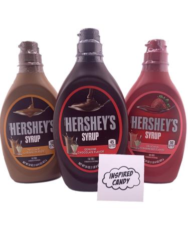 Hershey Syrup Variety Pack, 3 Flavors- Hershey Chocolate Syrup 24oz, Hershey Strawberry Syrup 22oz, and Hershey Caramel Syrup 22oz. 3 Hersheys Syrup Bottles by Inspired Candy.