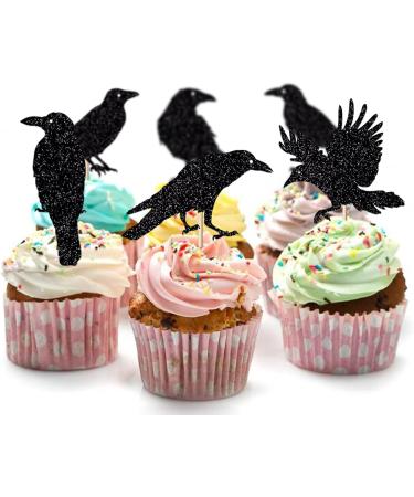 Leetaivie 24Pcs Black Glitter Crow Dessert Cupcake Toppers - Featured Halloween Themed Party Cake Topper (black) - Buy Online on GoSupps.com
