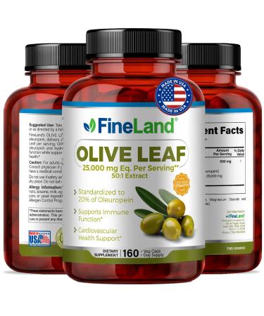 FineLand Olive Leaf Extract 50x 25 000mg Eq. per Serving | 160 Vegan Caps Olive Extract with 20% Oleuropein | Herbal Antioxidant Supplement for Circulatory and Immune Support Made in USA