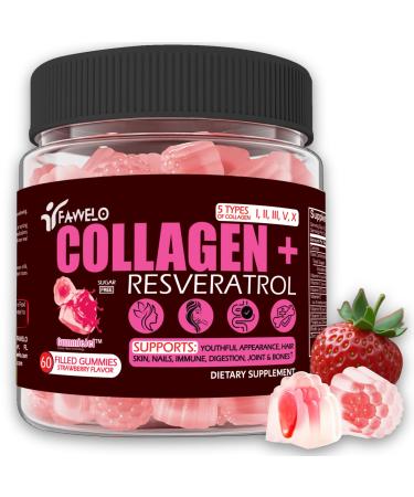 Multi Collagen Gummies Peptides Hydrolyzed Type I II III V X Plus Resveratrol Hyaluronic Acid & Biotin Gummies for Hair Skin and Nails Vitamins | Colageno Hidrolizado for Women & Men | Sugar Free