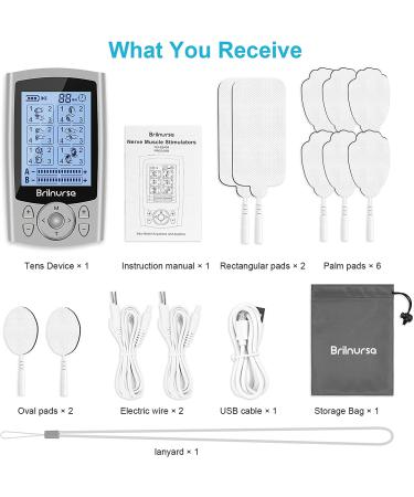 Brilnurse Dual Channel TENS EMS Unit | 24 Modes Muscle Stimulator for Pain Relief | Rechargeable Mini TENS Machine with 10 Pads and Accessories - Buy Online on GoSupps.com