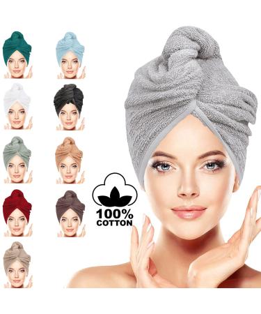 Bavin Luxury Quick Magic Hair dryer hat 100% cotton water absorbent dry wrap twist frote hair turban caps dryer with loop and button closure - size 62x23cm - 1 piece - silver silver 1 piece