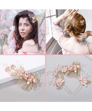 4-Piece Light Pink Gold Wedding Hair Comb Set | Rhinestone Bridal Hair Clips | Elegant Wedding Accessories - Buy Online on GoSupps.com