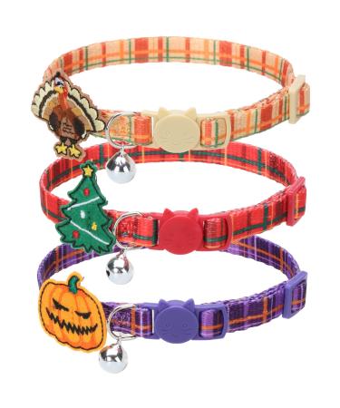 TAILGOO Breakaway Cat Collars with Bell - Pet Collar 3 Pack for Kittens Puppies and Tiny Pets Thanksgiving, Christmas, Pumpkin