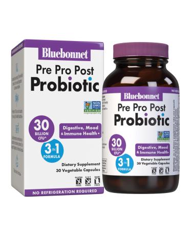 BlueBonnet Nutrition Pre Pro Post Probiotic 30 Billion CFU Shelf Stable for Women & Men Digestion, Gut, Mood, Immune* - Free of Dairy, Gluten & Soy - Non-GMO - 30 Vegetable Capsules, 30 Servings