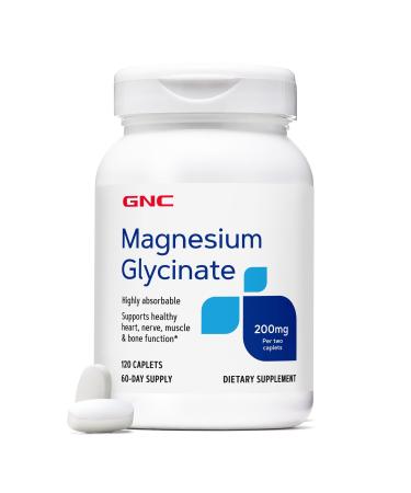 GNC Magnesium Glycinate Dietary Supplement for Men & Women Supports Heart Nerve Muscle & Bone Function Highly Absorbable Gluten Free No Artificial Colors Vegan No Soy 200mg 120 Caplets