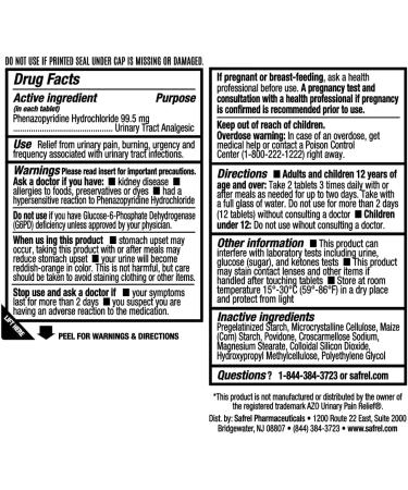Safrel Urinary Pain Relief Tablets 72ct | Fast Acting UTI Relief | Bladder Discomfort & Pain Relief | Phenazopyridine Hydrochloride 99.5mg - Buy Online on GoSupps.com