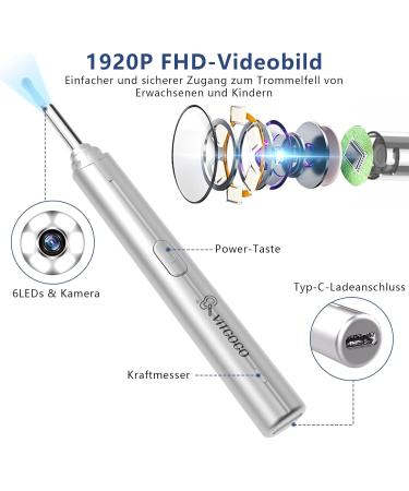 Vitcoco 1920p WiFi Ear Wax Removal Otoscope - IP67 Waterproof 360 Wide Angle Camera with 6 LEDs for Adults Children & Pets - Silver - Buy Online on GoSupps.com