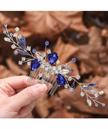 YBSHIN Blue Rhinestone Hair Comb Wedding Hair Accessories for Brides Silver Headpieces Bridal Hair Accessories for Women Decorative Hair Combs (Style 1-Blue Crystal)