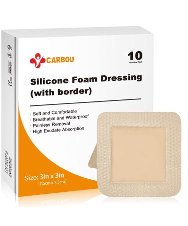 Carbou Silicone Foam Dressing with Adhesive Gentle Border 3x3 Waterproof Wound Dressing Bandage High Absorbency Wound Pad Silicone Foam Bandage for Wound Care 10 Pack 3x3 Inch (Pack of 10)