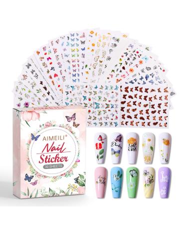 AIMEILI 30 Sheets Nail Art Stickers Colorful Butterfly Flower 3D Self-Adhesive Nail Stickers for Nail Art Decoration - Buy Online on GoSupps.com