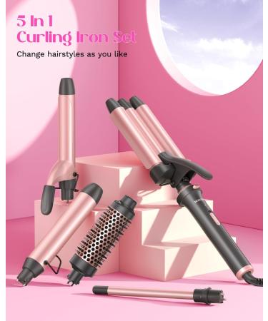 Buy Wavytalk 5 in 1 Curling Wand Set - Dual Voltage Curling Iron with 5 Interchangeable Barrels & Accessories | Perfect for International Shipping - Rose Pink - Buy Online on GoSupps.com