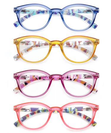 HEEYYOK Reading Glasses Women 3.00 Round Frame Readers 4 Pack Spring Hinges,Ladies Fashion Colorful Readers Glasses 4 Pack Mix Color 3.0 x