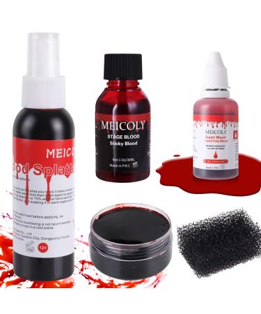 MEICOLY 5pcs Fake Blood Kit 2.1oz Fake Blood Spray Coagulated Blood Washable Edible Fake Blood Squirt Blood Stipple Sponge for Mouth Clothes Vampire SFX Scary Clown Halloween Special Effects Makeup Fake Blood Kit 02