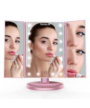 Homever Vanity Mirror with Lights 21 Led Trifold Makeup Mirror with Touch Screen 3X/2X/1X Magnification and Dual Power Supply 180 Adjustable Rotation Lighted Makeup Mirror Pink