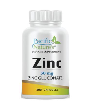 PACIFIC NATURE'S Zinc Supplement (300 Capsules) with 50mg of Zinc Gluconate for Antioxidants & Immune Support - Gluten Free Non-GMO