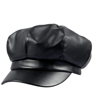 Sportmusies 8 Panels Newsboy Caps for Women, PU Leather Cabbie Painter Hat Gatsby Ivy Beret Cap #01black