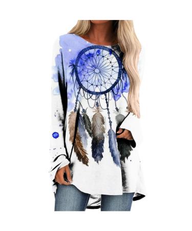Women's Plus Size Tunic Tops Long Sleeve Dream Catcher Feathers T-Shirt Trendy Round Neck Casual Loose Blouse Tee Blue Small