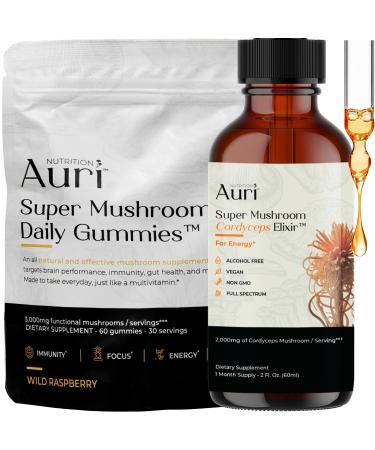 Auri Energy & Immune Boost Pack Super Mushroom Daily Gummies Cordyceps Elixir Bundle - Daily Wellness for Focus Stamina and Longevity - 60 Gummies + 60ml Tincture