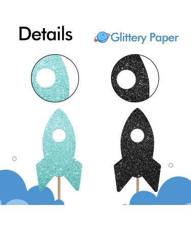 24PCS Rocket Ship Cupcake Toppers Baby Shower Party Decor for Boys Astronaut Dessert Picks Outer Space Themed Birthday Party Decoration - Sky Blue & Black Glitter - Buy Online on GoSupps.com