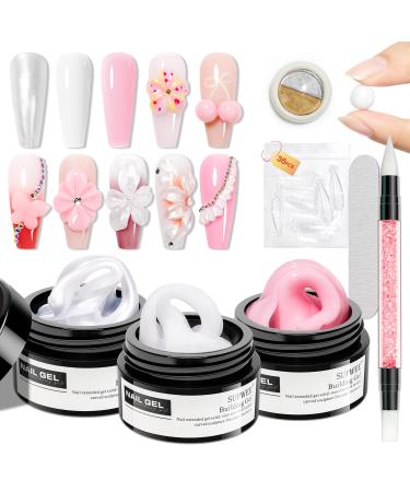 SUPWEE Solid 3D Gel Nail Extension Kit with Chrome Powder - Pearly Pink White - Self-Adhesive Sculpting - For DIY 3D Nail Art - Home Use - 14g
