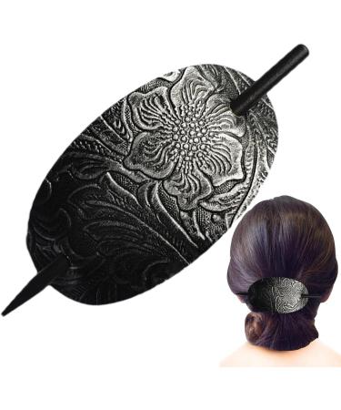 Hair Barrette - Oval Hairpin Clip Vintage Hair Accessory | Oval Leather Hair Barrette Hair Stick Hairpin Holder Long Hair Pin for Women Ponytail Accessory Leather Hair Clips 4.92x1.97in silver - Buy Online on GoSupps.com
