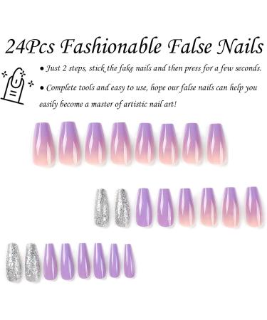 24Pcs Purple Glitter Gradient Coffin Press-on Nails | False Nails Set for Women & Girls with Nail Glue - Acrylic Stick-on Nails for Stunning Nail Decor - Buy Online on GoSupps.com