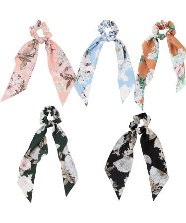 Satin Floral Hair Scrunchies Set - 5 Pcs Bowknot Elastic Hairbands for Women & Girls | Hair Scarf Ponytail Holder Accessories - Pattern 2 - Buy Online on GoSupps.com