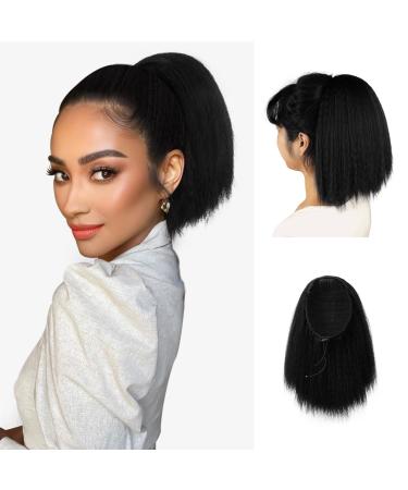 PEACOCO Drawstring Ponytails for Black Women  Yaki Kinky Straight Ponytail Hair Extensions 12 Inch Short Pony Tail Clip in Synthetic Ponytail Hairpiece(1B) 12 Inch (Pack of 1) 1B