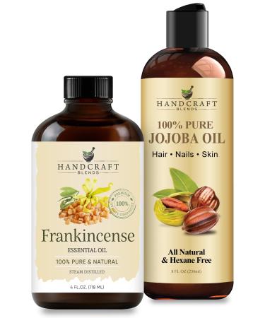 Handcraft Blends Youthful Glow Set: Jojoba Oil (8 Fl Oz) and Frankincense Essential Oil (4 Fl Oz) 100% Pure & Natural Anti-Aging Serum Blend for Face and Neck