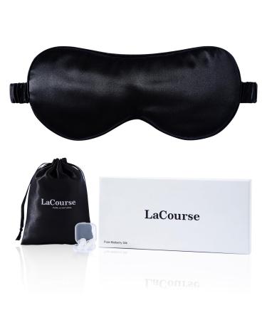 LaCourse 100% Genuine 22Momme Mulberry Silk Eye Mask for Sleeping Comfortable & Blackout Sleep Mask with Elasticated Silk Band Pure Silk Filler and Internal Liner (One Size Black) Black - Gift Set