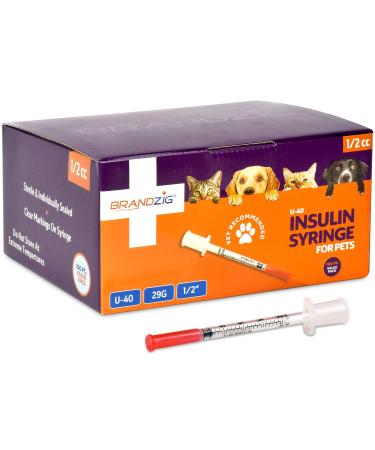 Brandzig U-40 Pet Insulin Syringes 29G 1/2cc, 1/2" 100-Pack