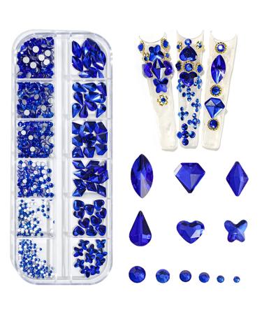 Artquee 660pcs Blue Sparkly Bling 3D Rhinestones for Nail Art DIY Craft Shiny Flat Back Glass Crystal Stones Set Jewels Nail Decorate (60pcs Multi Shapes Gems + 600pcs Round Diamond 6 Sizes)