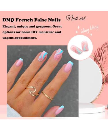 Square Short Blue French Fake Nails - 24Pcs Press On Acrylic with Pink Swirl | Nail Glue and Tips for Women & Girls - Buy Online on GoSupps.com