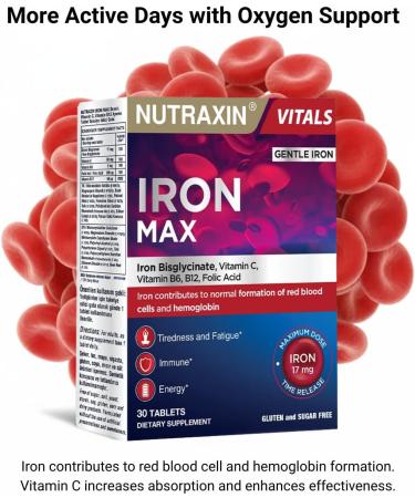 Nutraxin Iron Max 17mg 30 Tablets with Iron Vitamin C B6 B12 and Folic Acid - Buy Online on GoSupps.com