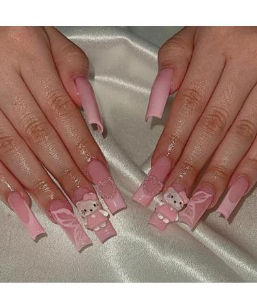 JUSTOTRY 24 Pcs Cute Cartoon False Nails Long with Butterfly Pink French Press on Nails Patterns Heart Ballerina Stick on Nails for Women Acrylic Coffin Fake Nails Medium with Glue for Nail Art Cartoon&pink 1