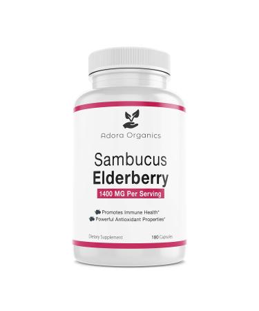 Adora Organics Sambucus Elderberry with Vitamin C Immune Support for Child and Adults Delicious Berry Flavor with Antioxidants No Gluten 1400mg Per Serving 180 Vegan Capsules