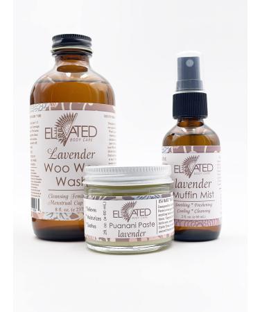 Elevated (by Taylor's Naturals) Ladies Bestie Kit | Woo Woo Wash Muffin Mist Puanani Paste | All Natural Feminine Care - Keeps You Fresh Moisturized & Balanced | Made in USA | Glass (Lavender) Lavender (Wash Mist Paste)