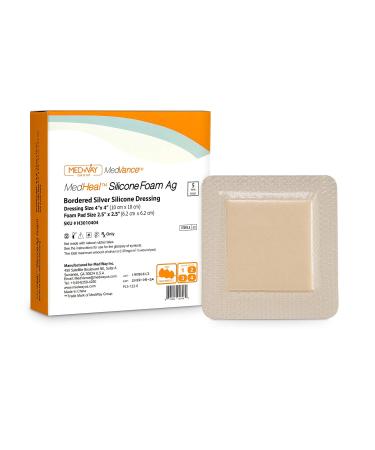 Bordered Silver Silicone Ag Sterile Absorbent Antibacterial Dressing  4x 4 (2.5x 2.5 Pad)  5 dressings/Box  MedHeal by MedvanceTM
