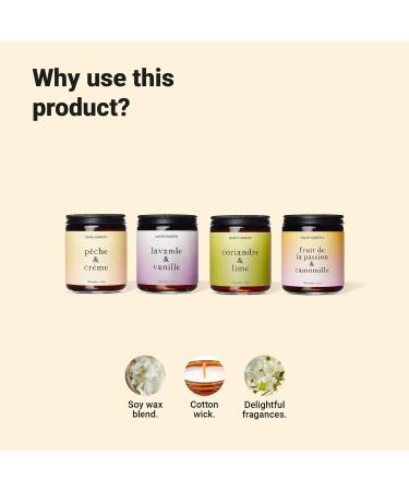DANS UN JARDIN - Floral & Fruity Scented Candle Set Canada-made. 175g single-wick candles: Peach Coriander Passion Fruit & Lavender scents. North America soya blend 29hr burn. - Vegan - 4 x 175gr - Buy Online on GoSupps.com