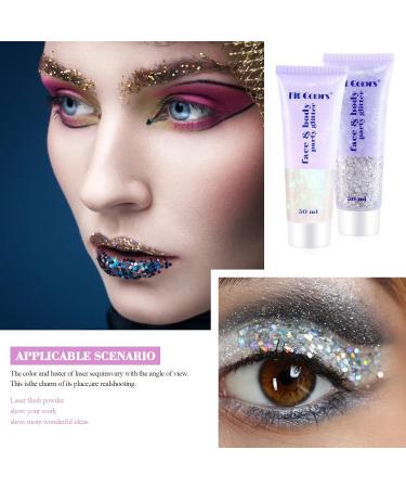 Pamiyo Body Glitter Gel Set - 2 x 50ml Festival Mermaid Sequins with Brush | Chunky Makeup for Masquerade & Birthdays (White & Silver) - Buy Online on GoSupps.com